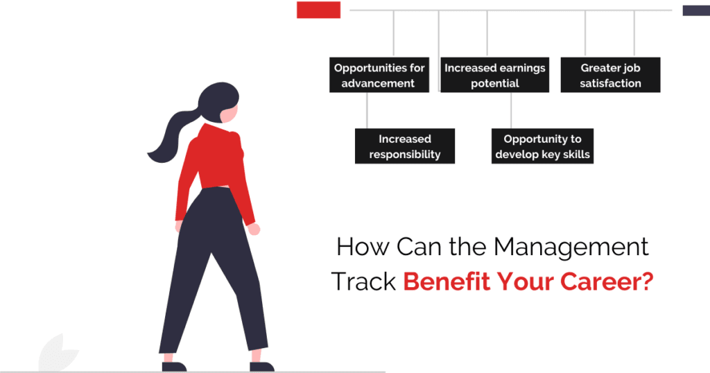 The management track can benefit your career by providing you with opportunities for advancement, increasing your earnings potential, greater job satisfaction, increased responsibility, and the opportunity to develop key skills.