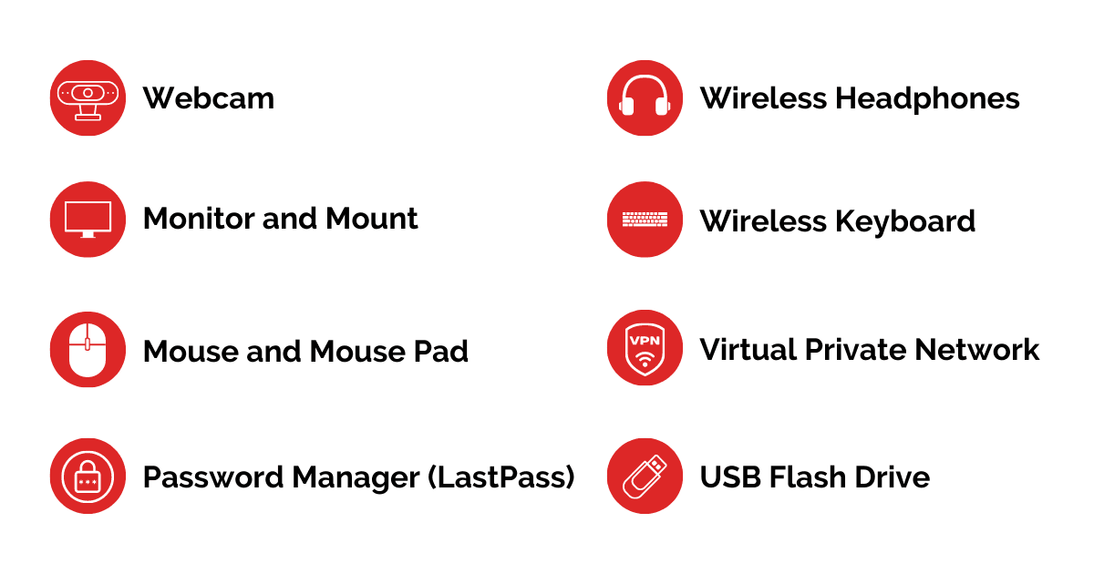 webcams, wireless headphones, monitor and mount, wireless keyboard, mouse and mouse pad, virtual private network, password manager, USB flash drive.