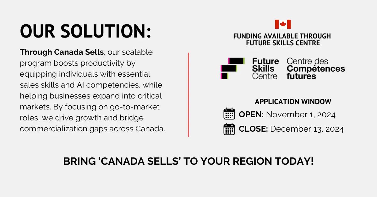 Our Solution - Canada Sells. Application window through Future Skills Centre is Nov 1st, 2024-Dec 13th, 2024. 
