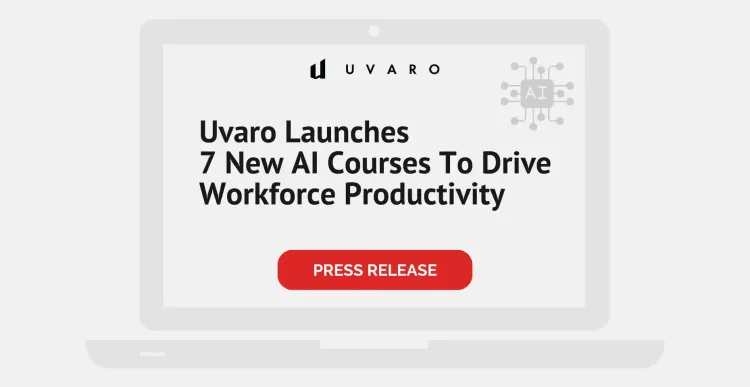 stylized laptop computer with press release announcement: Uvaro launches 7 new AI courses to drive workforce productivity