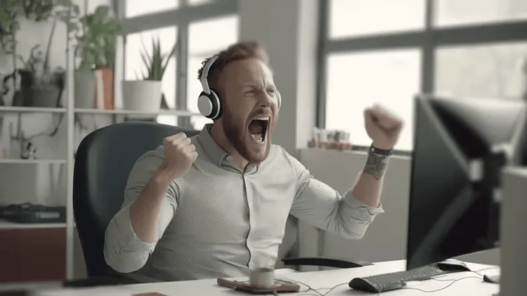 AI image of man wearing headset celebrating in front of home office computer