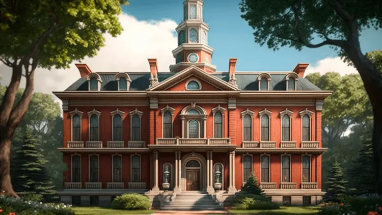 AI generate image of red brick Edwardian building on verdant campus