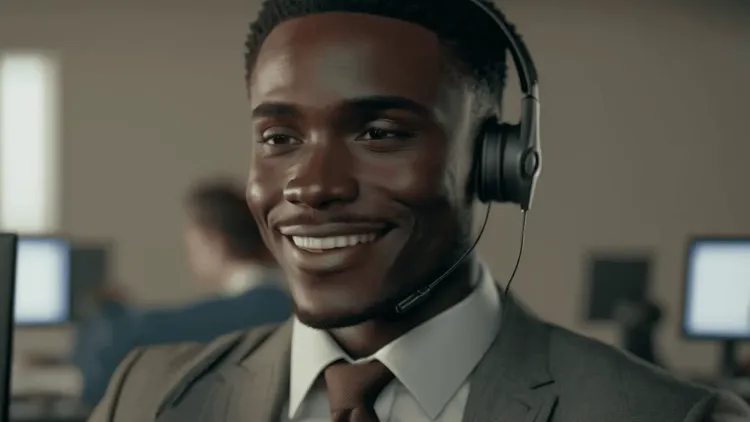 Man in business attire wearing telephone headset in open floorplan workplace.