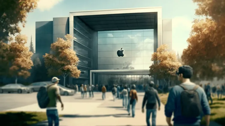 Young employees walking optimistically towards an AI rendition of Apple's campus