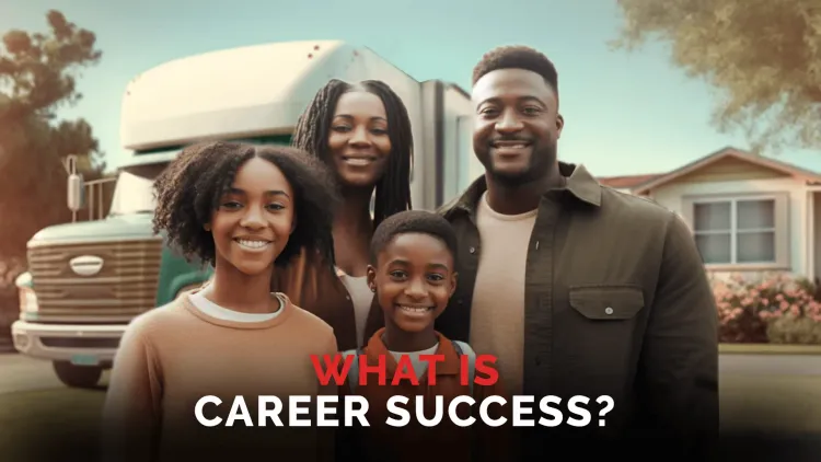 AI image - What is Career Success? Happy family standing in front of new house with moving van